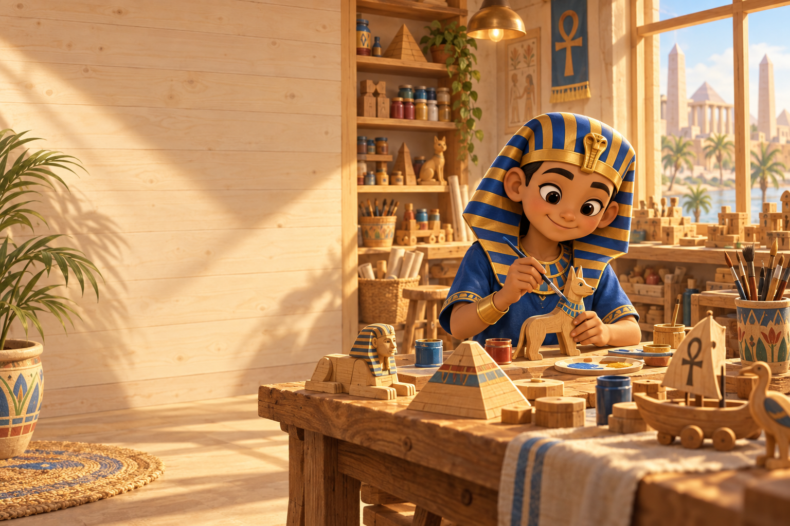 A young pharaoh painting in a sunlit Egyptian-inspired craft workshop